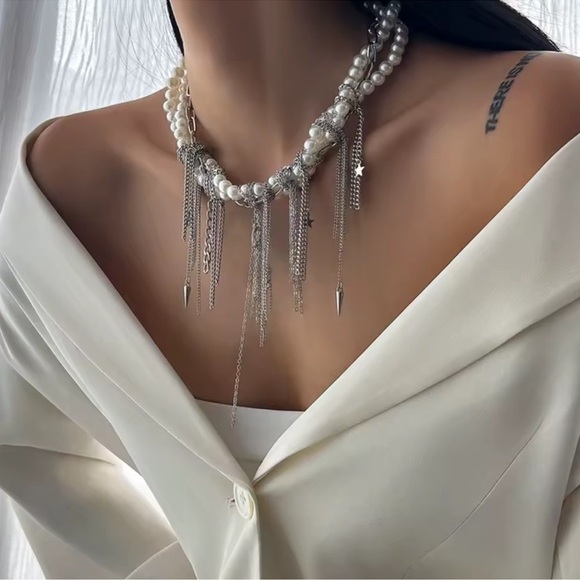 Pearl Star Tassel Multilayer Silver Necklace Tik tok Famous - Picture 4 of 8